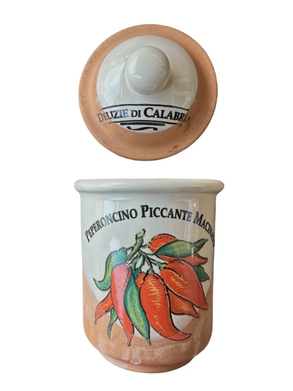 Vintage Italian Ceramic Condiment Jar Hand Painted Peperoncino Piccante Macinato